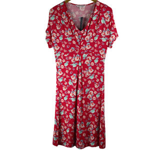 DOWNEAST Size XS Cottagecore Crimson Red Floral Stretchy Soft Knit Dress